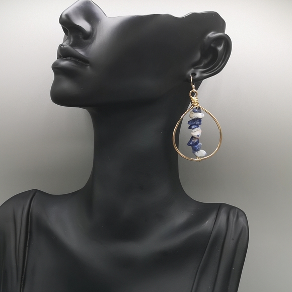 Real Natural Stone & Gold Tone Teardrop Hoop - Picture 2 of 3